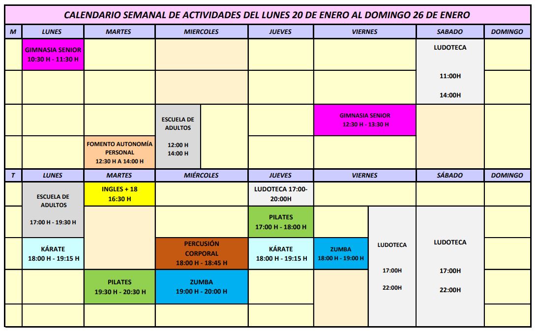 Calendario semanal actividades 20 26 enero 25