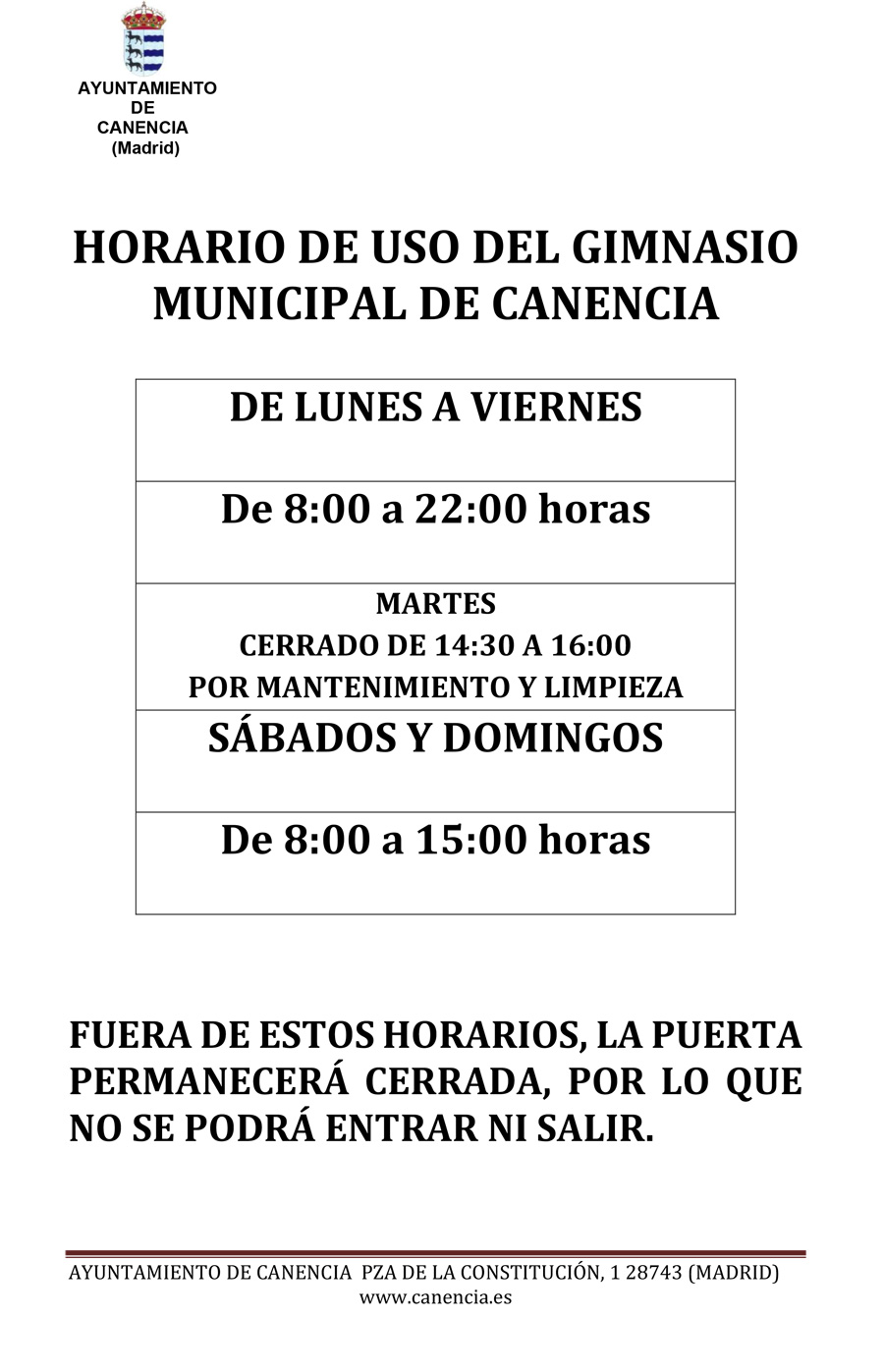 HORARIO GIMNASIO MUNICIPAL