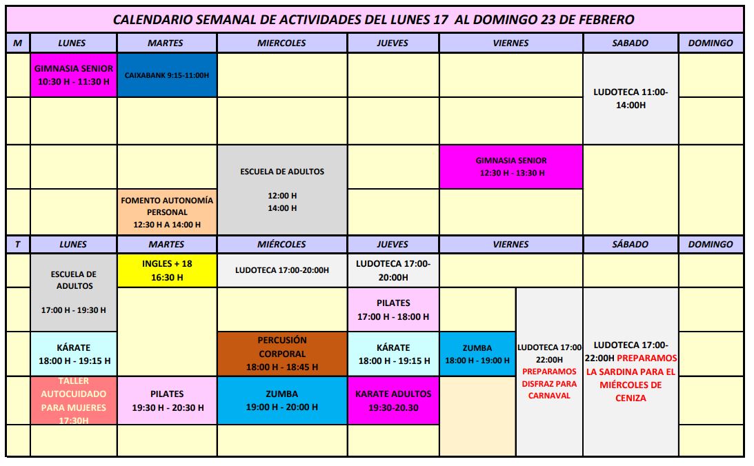 CALENCARIO SEMANAL 17 al 23 feb 2025