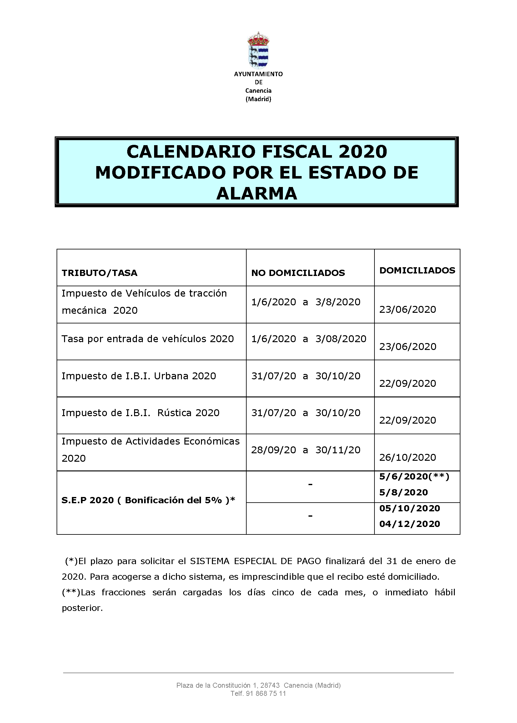 Calendario Fiscal 2020