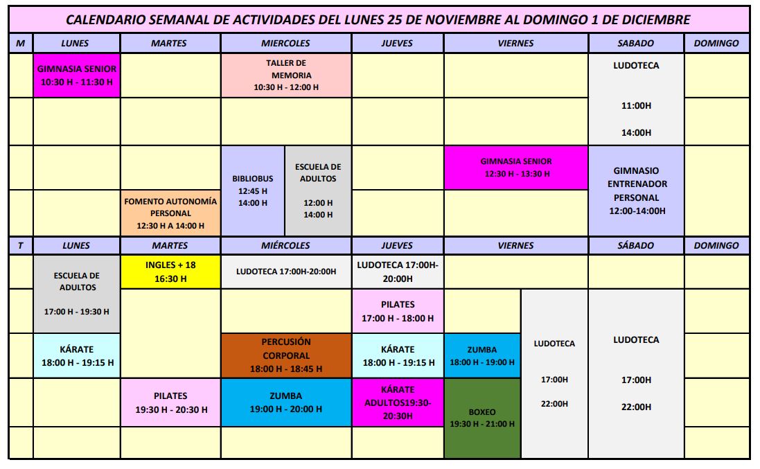 Calendario semanal 25 nov 01 dec 2024