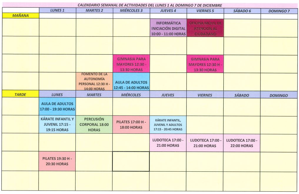 Calendario semanal actividades Canencia 01 06 dic 25