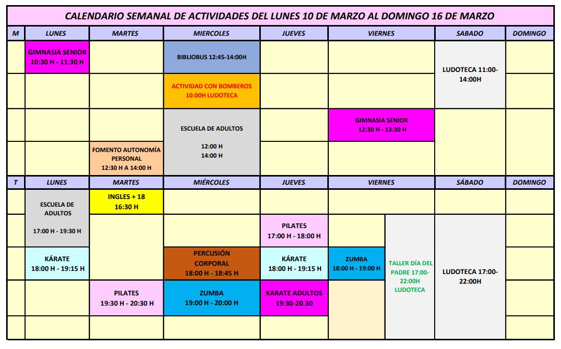 calendario semanal 10 16 marzo 25