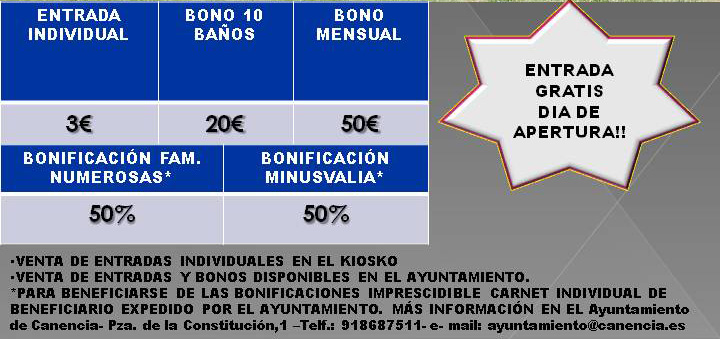 Precios piscina municipal Canencia 2019